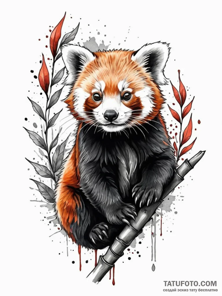 A red panda on a bamboo stalk, tattoo flash s... - эскиз тату (№1751844846_0, 06.07.2025 23:34) — Tatufoto.com