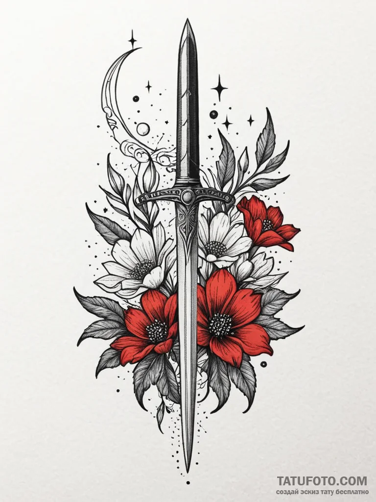 Jagged dagger beneath celestial bloom, artist… — эскиз тату (№1751845447_0, 06.07.2025 23:44) — Tatufoto.com