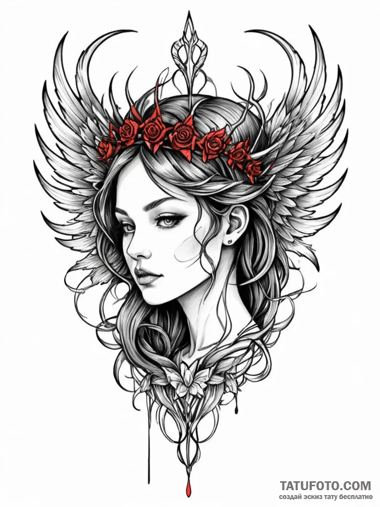 Graven wings crowned in thorns, ink illustrat... - эскиз тату (№1751846608_0, 07.07.2025 00:03) — Tatufoto.com