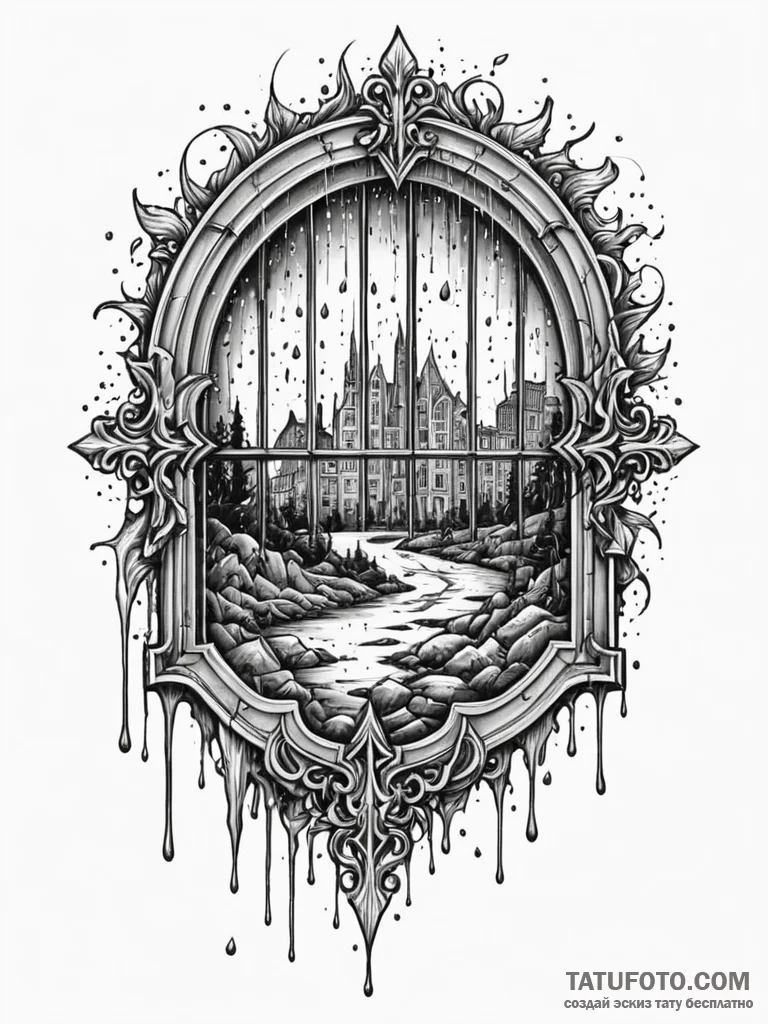 A detailed broken window with rain, dramatic,... - эскиз тату (№1751847129_0, 07.07.2025 00:12) — Tatufoto.com