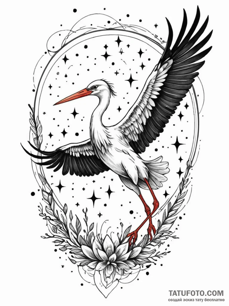 Stork delivering a baby swaddled in starlight... - эскиз тату (№1751847383_0, 07.07.2025 00:16) — Tatufoto.com