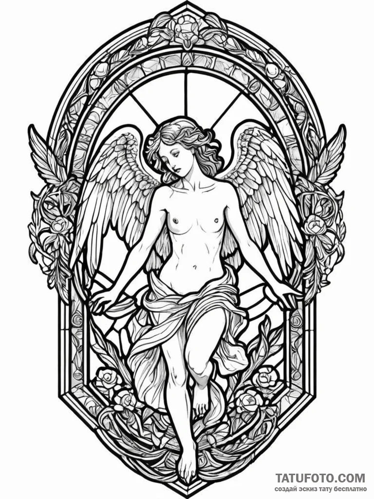 Stained glass window depicting a fallen angel... - эскиз тату (№1751847466_0, 07.07.2025 00:17) — Tatufoto.com
