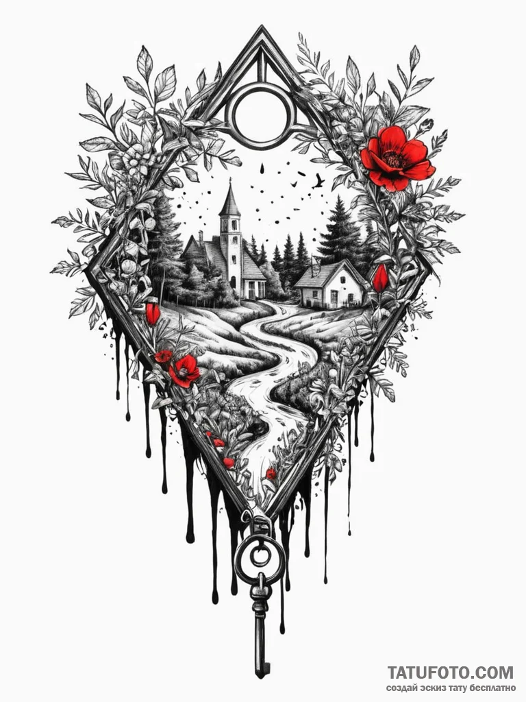 Secret garden seen through an old, key-shaped... - эскиз тату (№1751847635_0, 07.07.2025 00:20) — Tatufoto.com