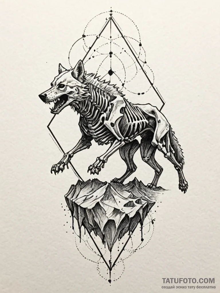 Dire wolf skeleton, frozen in a silent, preda... - эскиз тату (№1751847718_0, 07.07.2025 00:21) — Tatufoto.com