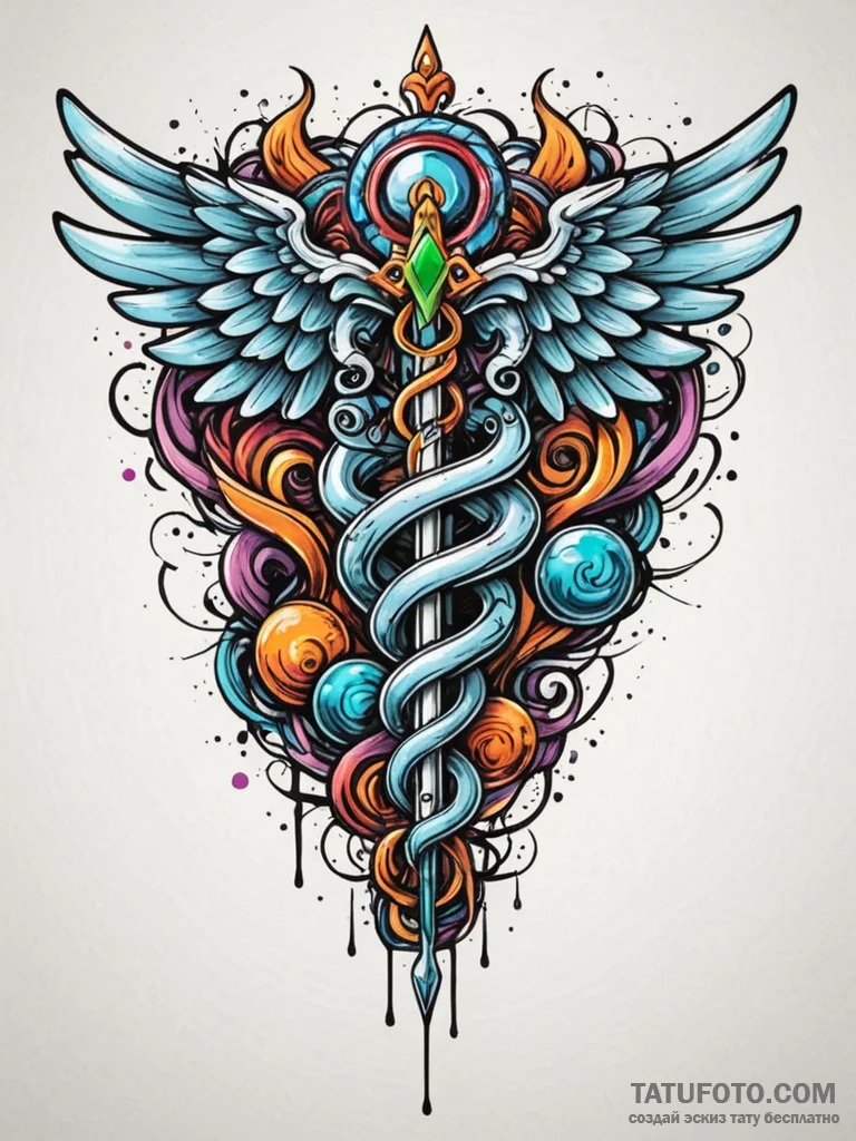 Caduceus, but the serpents are biomechanical... - эскиз тату (№1751847803_0, 07.07.2025 00:23) — Tatufoto.com