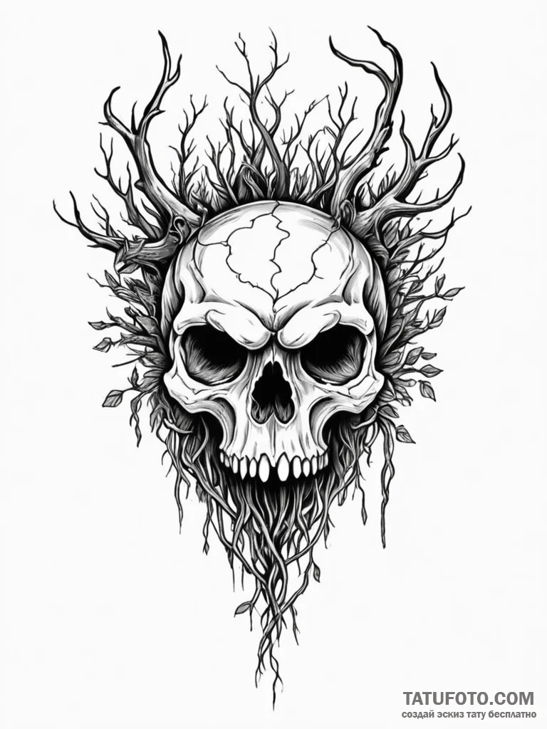 Owl skull wrapped in roots, tattoo sketch des... - эскиз тату (№1751848431_0, 07.07.2025 00:33) — Tatufoto.com