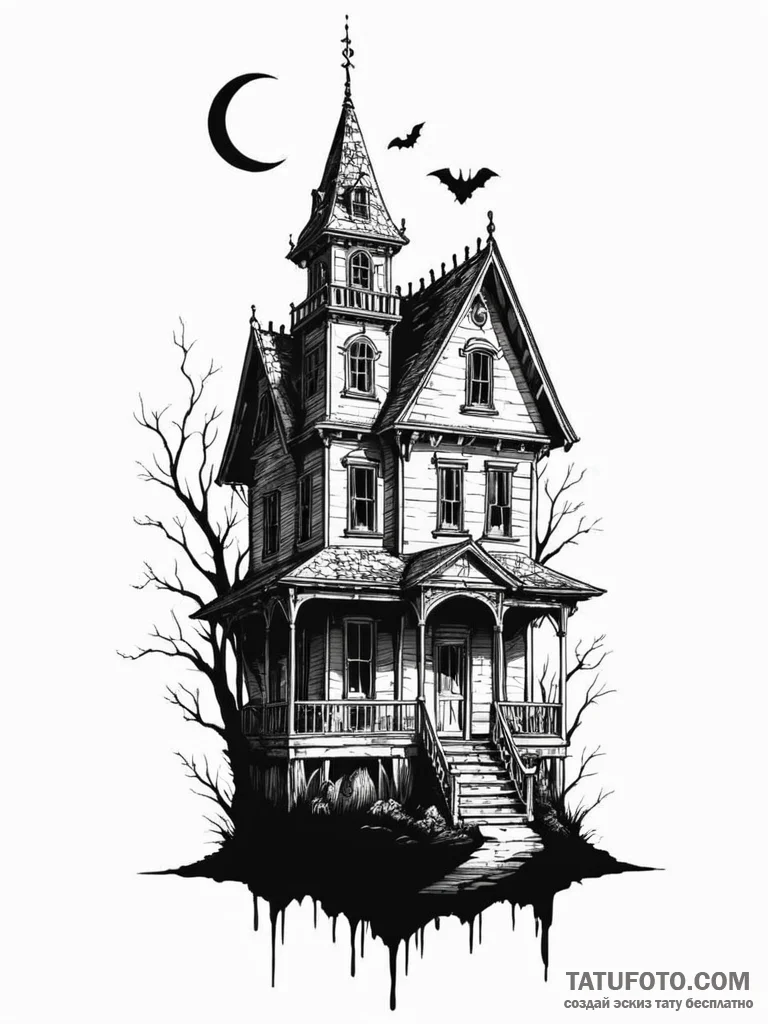 A haunted house silhouette - эскиз тату (№1751848767_0, 07.07.2025 00:39) — Tatufoto.com
