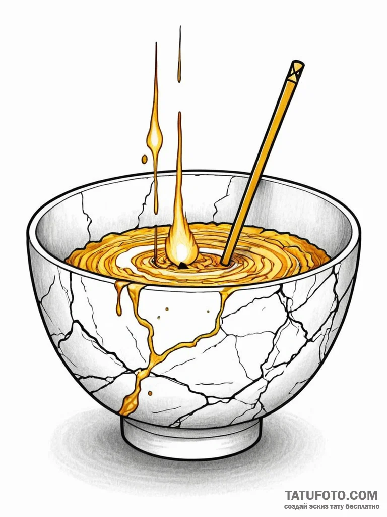 Kintsugi bowl bleeding golden light, concept... - эскиз тату (№1751849603_0, 07.07.2025 00:53) — Tatufoto.com