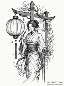 Katana beneath floating lanterns, tattoo line... - эскиз тату (№1751849856_0, 07.07.2025 00:57) — Tatufoto.com