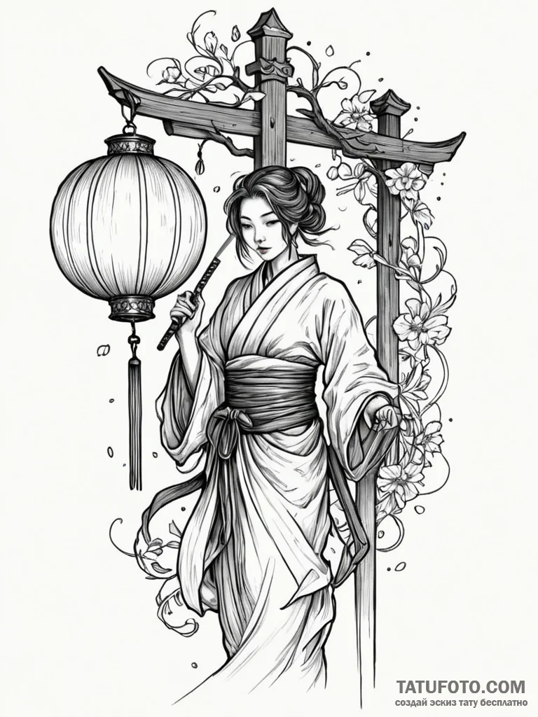 Katana beneath floating lanterns, tattoo line... - эскиз тату (№1751849856_0, 07.07.2025 00:57) — Tatufoto.com