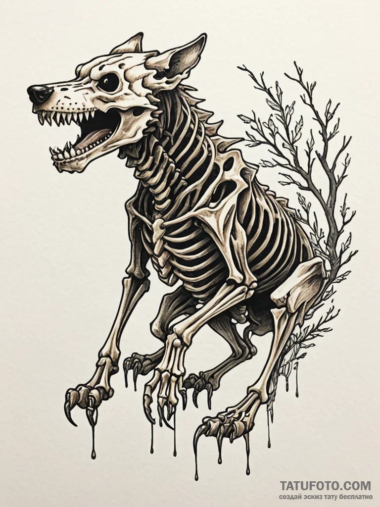 Dire wolf skeleton, frozen in a silent, preda... - эскиз тату (№1751850192_0, 07.07.2025 01:03) — Tatufoto.com