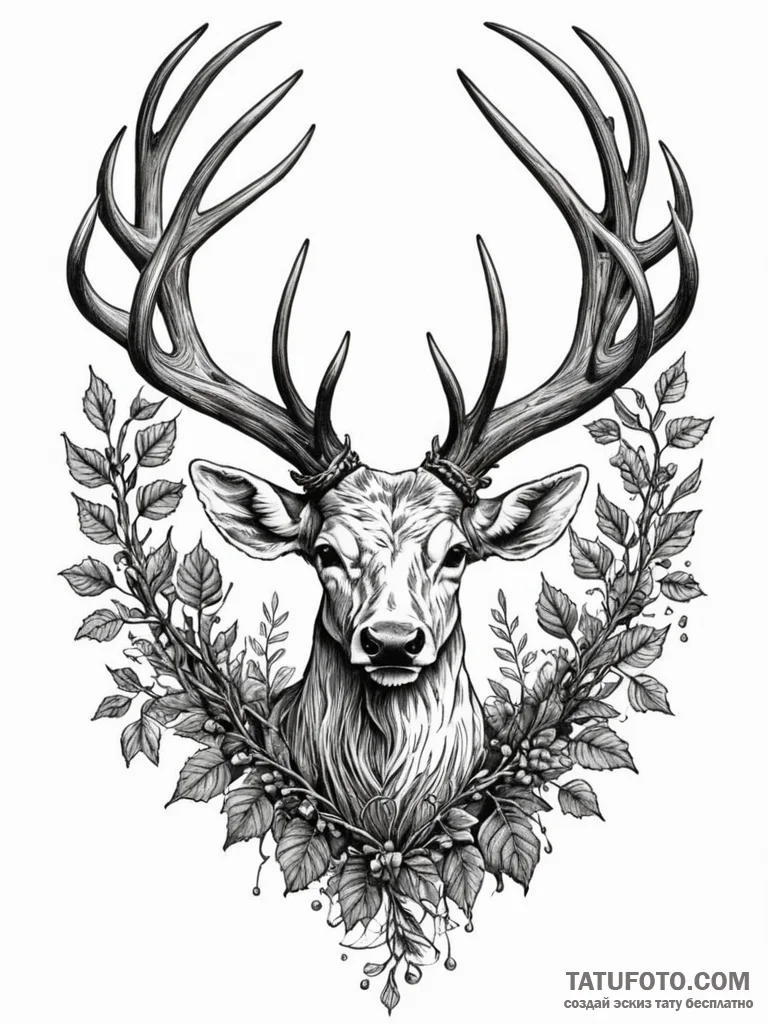 Crown of antlers wrapped in ivy, ink illustra... - эскиз тату (№1751850360_0, 07.07.2025 01:06) — Tatufoto.com