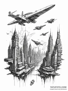 Dystopian city skyline with flying vehicles - эскиз тату (№1751850698_0, 07.07.2025 01:11) — Tatufoto.com