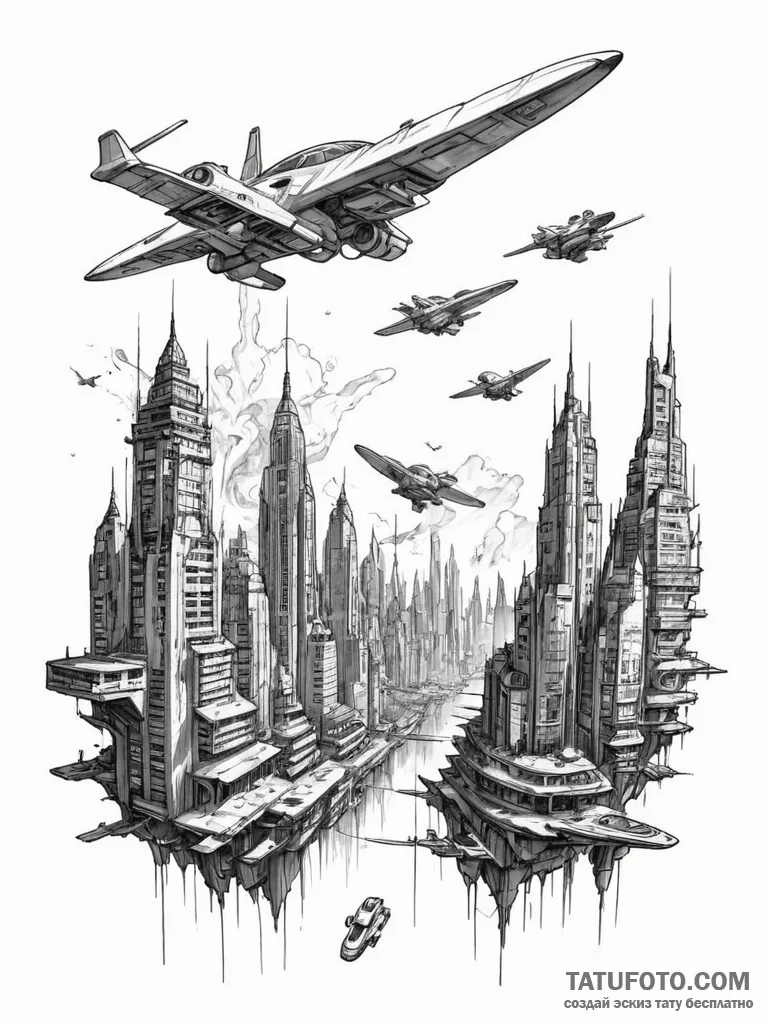 Dystopian city skyline with flying vehicles - эскиз тату (№1751850698_0, 07.07.2025 01:11) — Tatufoto.com