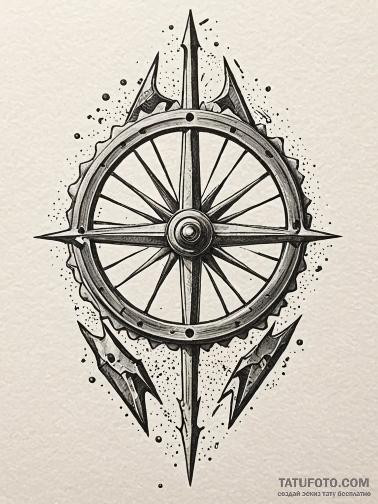 Razor-edged wheel beneath shattered gate, tat... - эскиз тату (№1751851537_0, 07.07.2025 01:25) — Tatufoto.com
