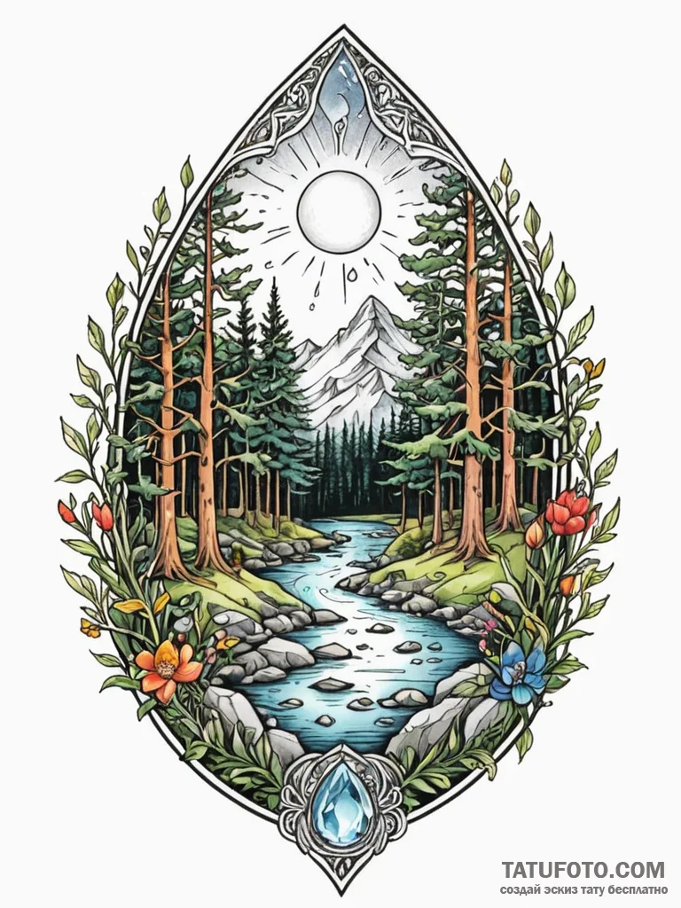 Enchanted forest scene inside a crystal-clear... - эскиз тату (№1751852294_0, 07.07.2025 01:38) — Tatufoto.com