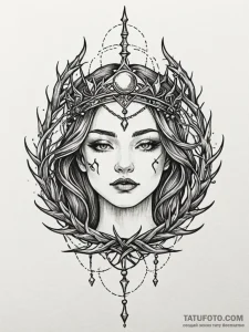 Moon crown entwined with thorns, tattoo line... - эскиз тату (№1751852378_0, 07.07.2025 01:39) — Tatufoto.com