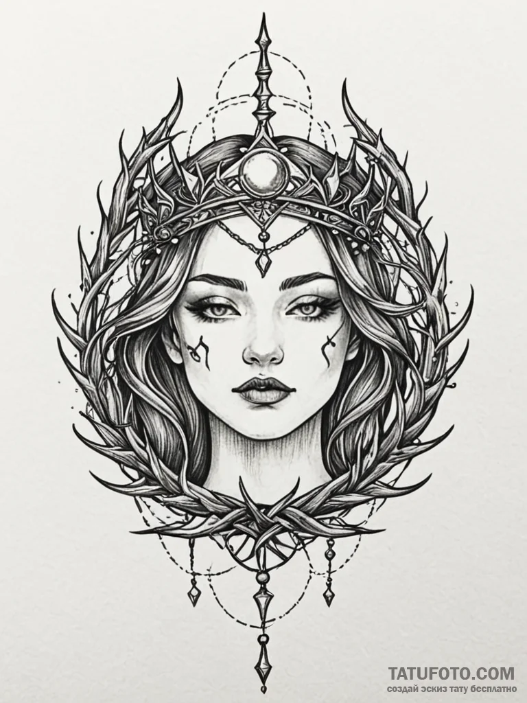 Moon crown entwined with thorns, tattoo line... - эскиз тату (№1751852378_0, 07.07.2025 01:39) — Tatufoto.com
