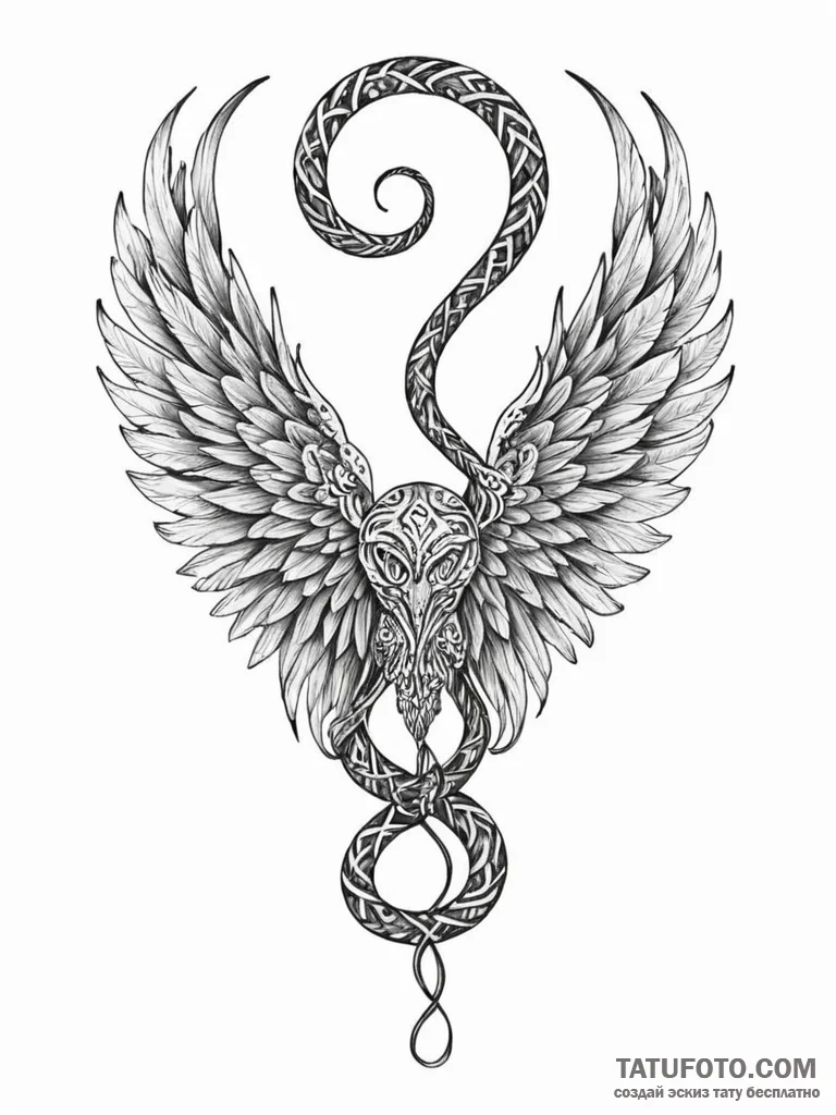 Angel snake with feathered wings, tattoo line... - эскиз тату (№1751853301_0, 07.07.2025 01:55) — Tatufoto.com