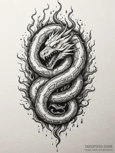 Flaming serpent devouring roots, tattoo line... - эскиз тату (№1751853385_0, 07.07.2025 01:56) — Tatufoto.com