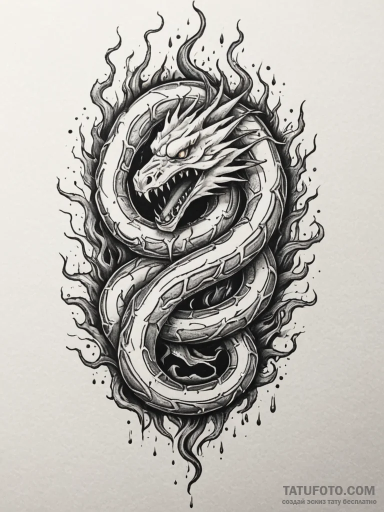 Flaming serpent devouring roots, tattoo line... - эскиз тату (№1751853385_0, 07.07.2025 01:56) — Tatufoto.com