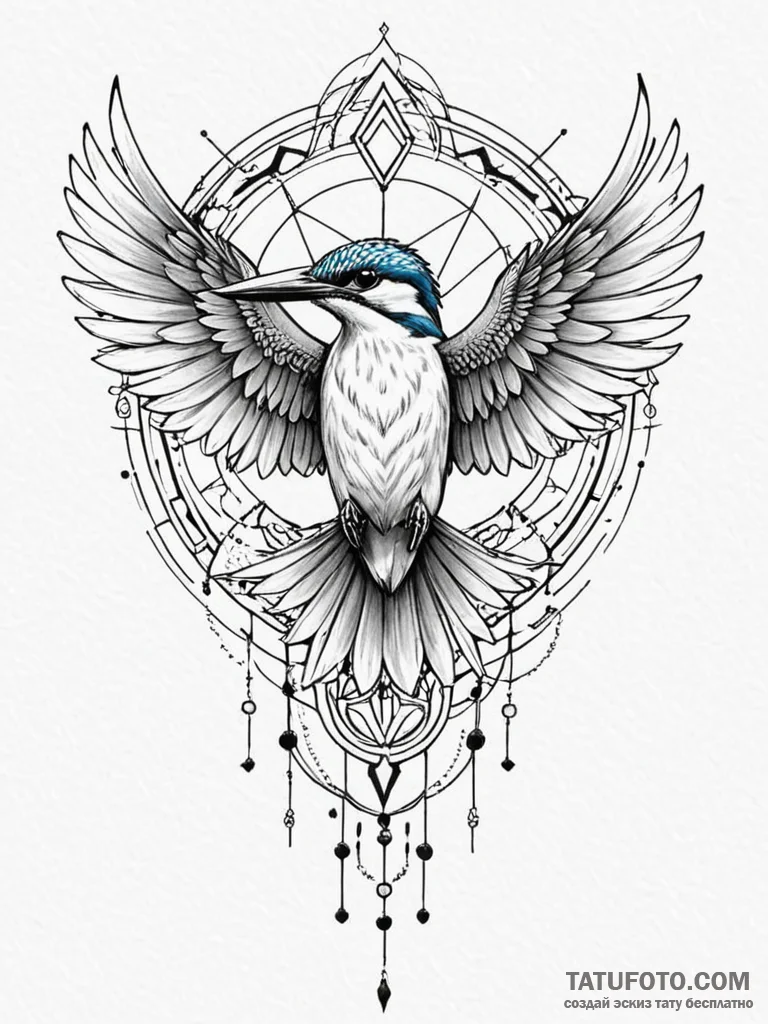 Kingfisher bird with runic wings, artistic ta... - эскиз тату (№1751853892_0, 07.07.2025 02:04) — Tatufoto.com