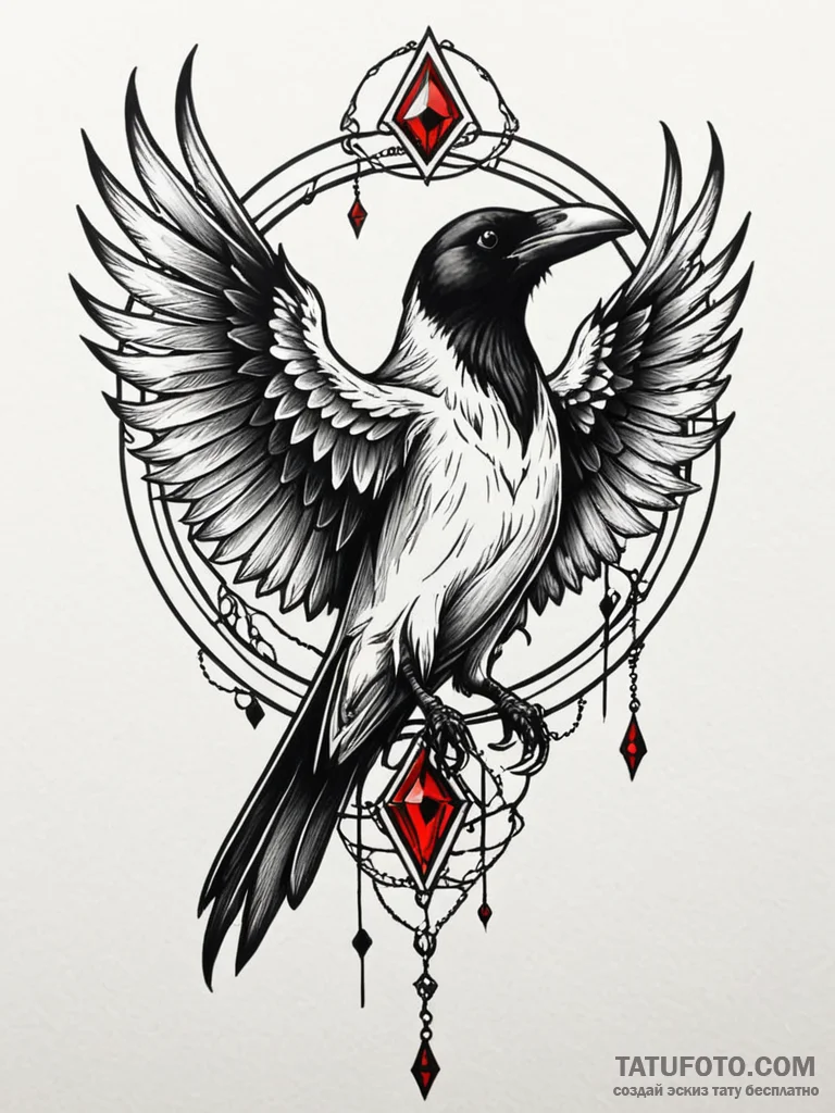 Angelic crow with crystal beak, tattoo line a... - эскиз тату (№1751854062_0, 07.07.2025 02:07) — Tatufoto.com
