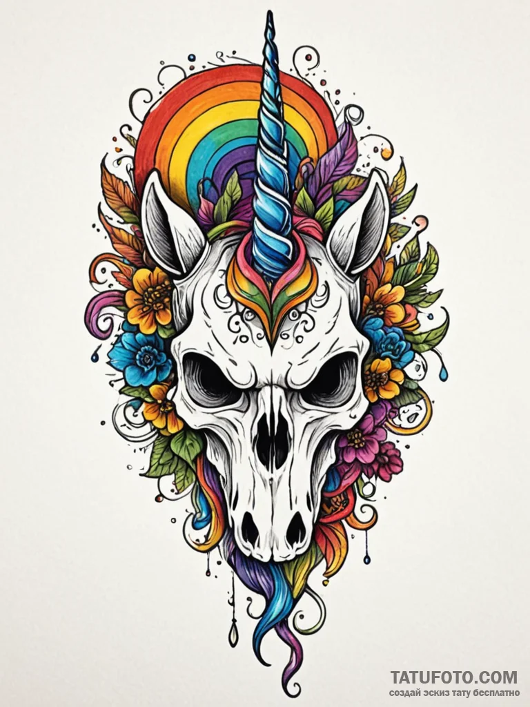 Unicorn's skull with a rainbow horn, tattoo l... - эскиз тату (№1751854231_0, 07.07.2025 02:10) — Tatufoto.com