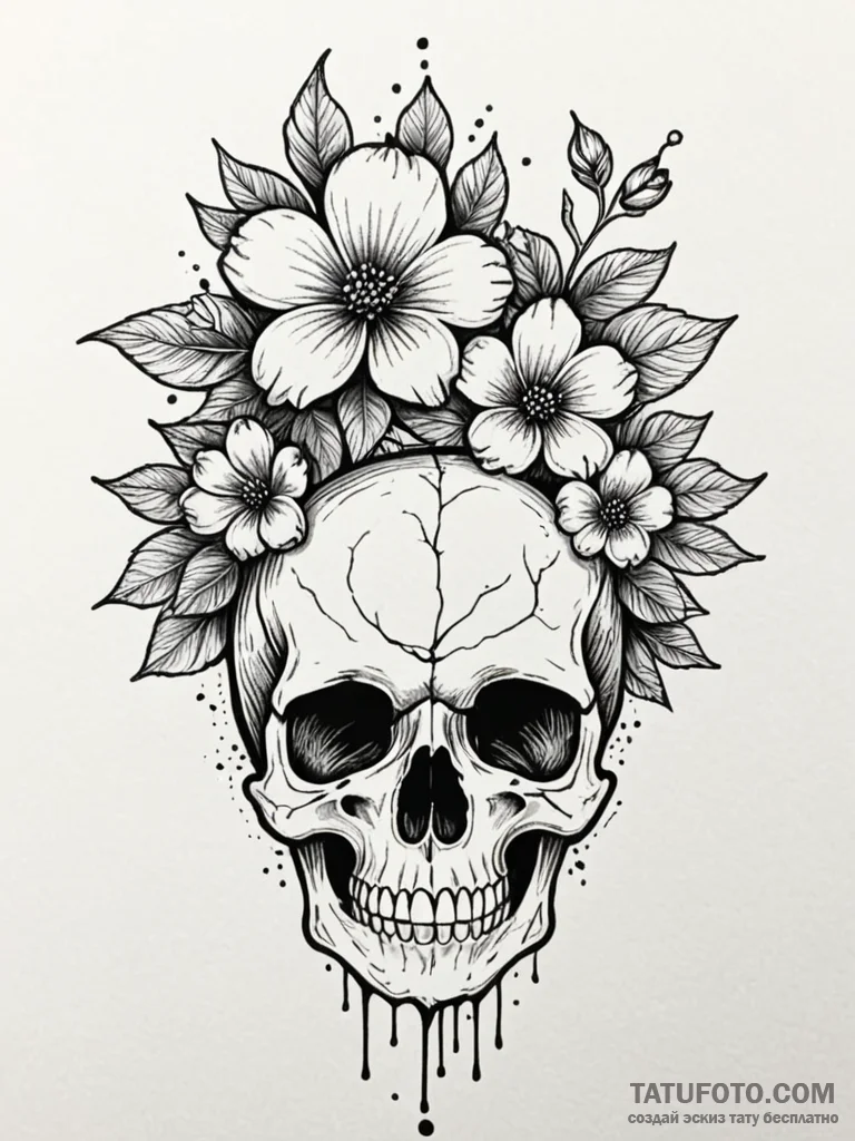 Ashen flower blooming from skull, tattoo sket... - эскиз тату (№1751854907_0, 07.07.2025 02:21) — Tatufoto.com