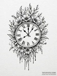 Clock hands made of wilting flower stems, ink... - эскиз тату (№1751855921_0, 07.07.2025 02:38) — Tatufoto.com