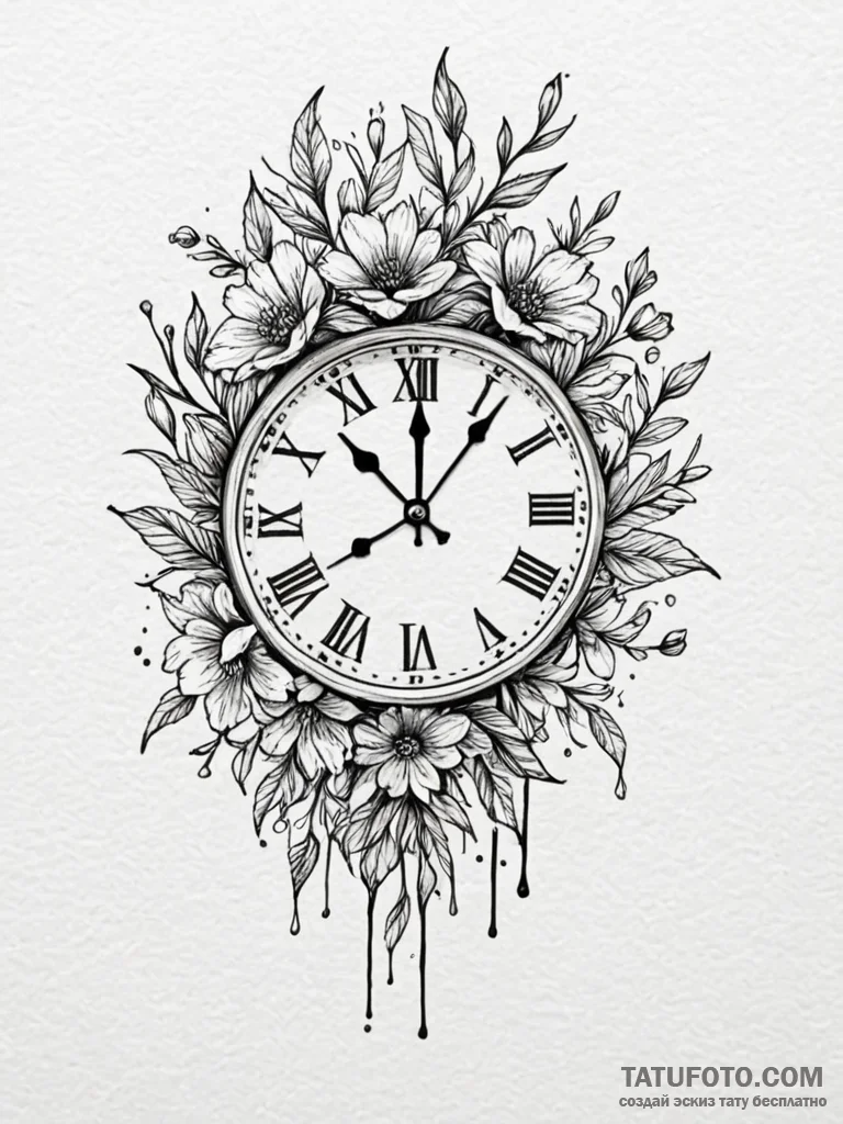 Clock hands made of wilting flower stems, ink... - эскиз тату (№1751855921_0, 07.07.2025 02:38) — Tatufoto.com