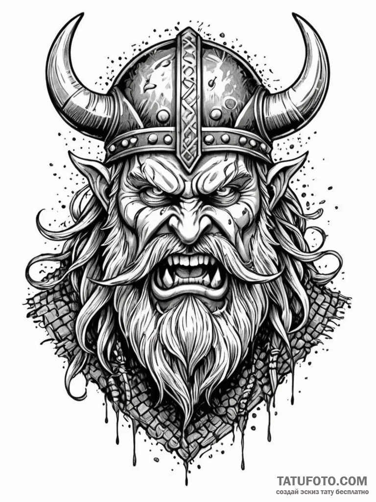 Viking berserker in a frenzy, eyes wide, foam... - эскиз тату (№1751856175_0, 07.07.2025 02:42) — Tatufoto.com