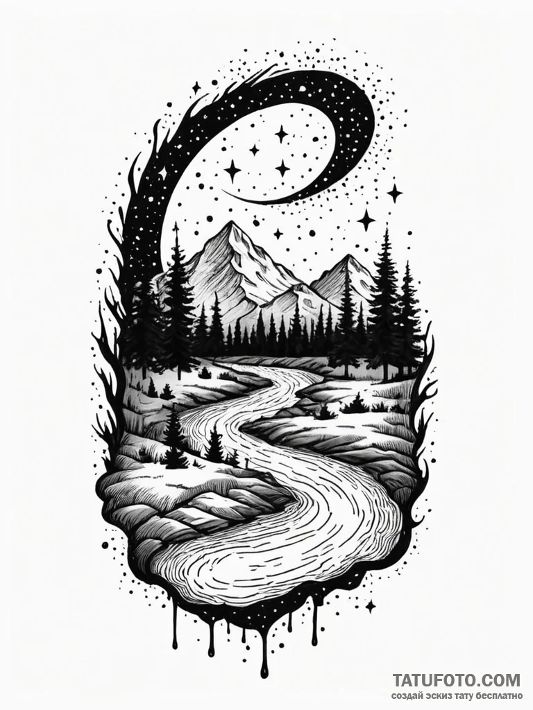 Inkwell spilling a dark river that flows into... - эскиз тату (№1751857957_0, 07.07.2025 03:12) — Tatufoto.com