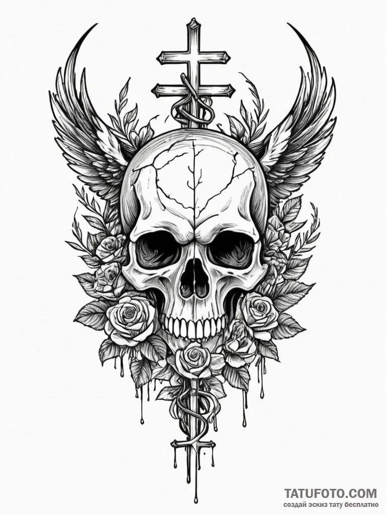 A whimsical bird on a skull, macabre,, concep... - эскиз тату (№1751858747_0, 07.07.2025 03:25) — Tatufoto.com