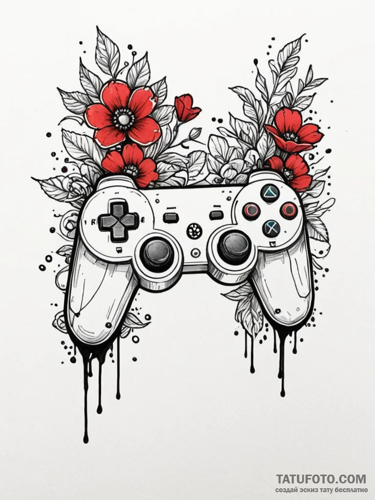 Controller (gamepad) with flowers growing fro... - эскиз тату (№1751858834_0, 07.07.2025 03:27) — Tatufoto.com