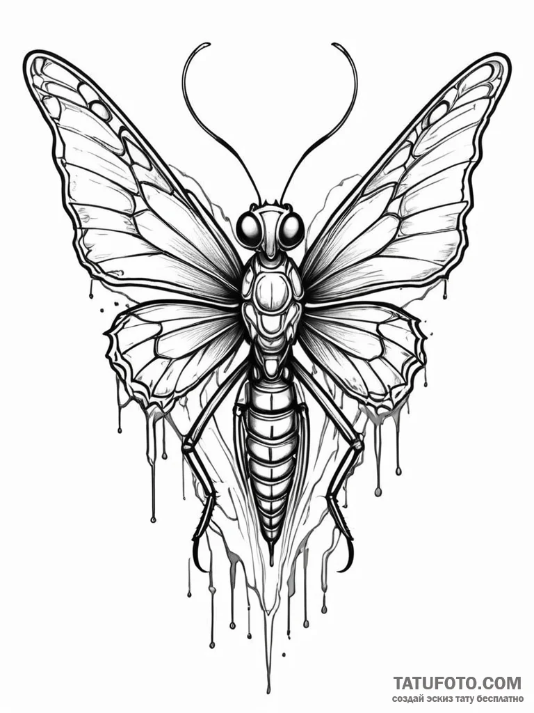 Mantis wings beneath iron sky, tattoo line ar... - эскиз тату (№1751859694_0, 07.07.2025 03:41) — Tatufoto.com