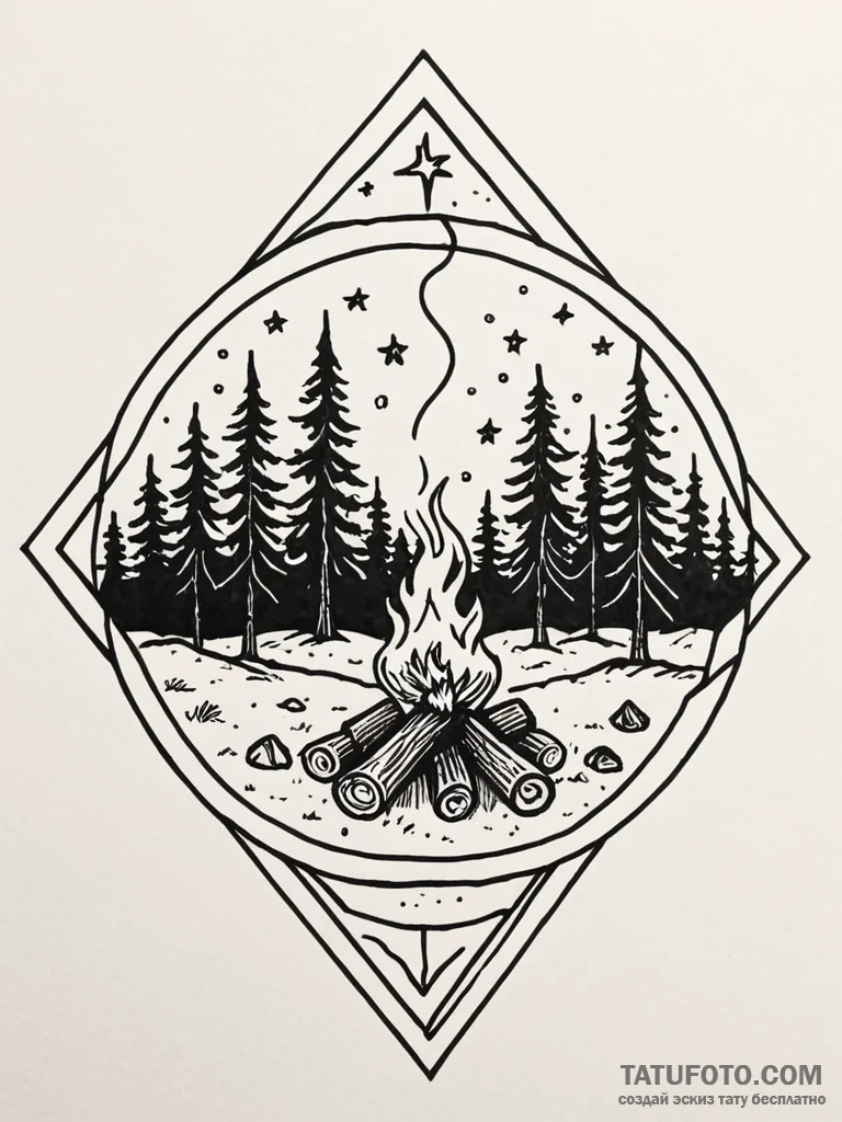 A cozy campfire burning in a wilderness setti... - эскиз тату (№1751859783_0, 07.07.2025 03:43) — Tatufoto.com