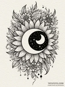 Eclipse flower blooming from ruin, artistic t... - эскиз тату (№1751860217_0, 07.07.2025 03:50) — Tatufoto.com