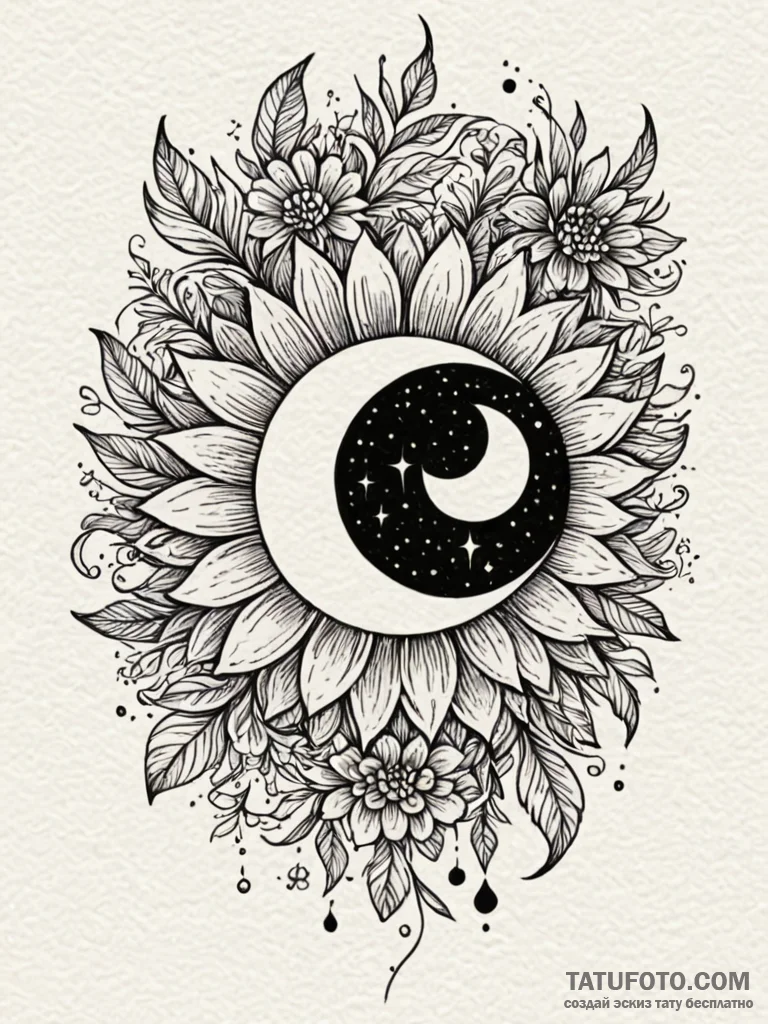 Eclipse flower blooming from ruin, artistic t... - эскиз тату (№1751860217_0, 07.07.2025 03:50) — Tatufoto.com