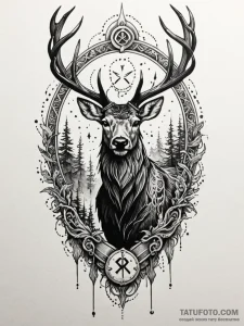 Arcane stag standing in rune fog, tattoo draw... - эскиз тату (№1751861277_0, 07.07.2025 04:07) — Tatufoto.com