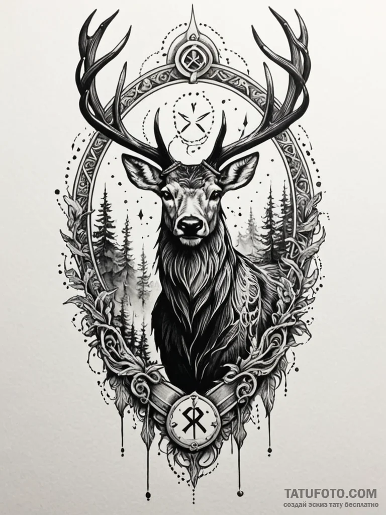 Arcane stag standing in rune fog, tattoo draw... - эскиз тату (№1751861277_0, 07.07.2025 04:07) — Tatufoto.com