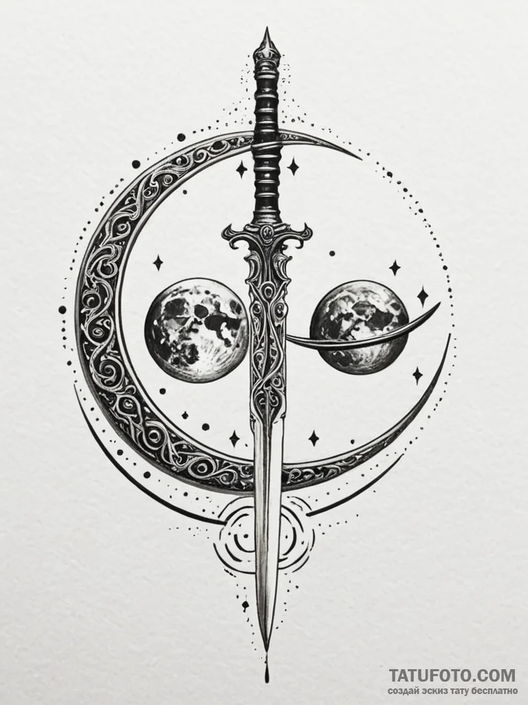 Dagger between twin moons, concept art for ta... - эскиз тату (№1751861362_0, 07.07.2025 04:09) — Tatufoto.com