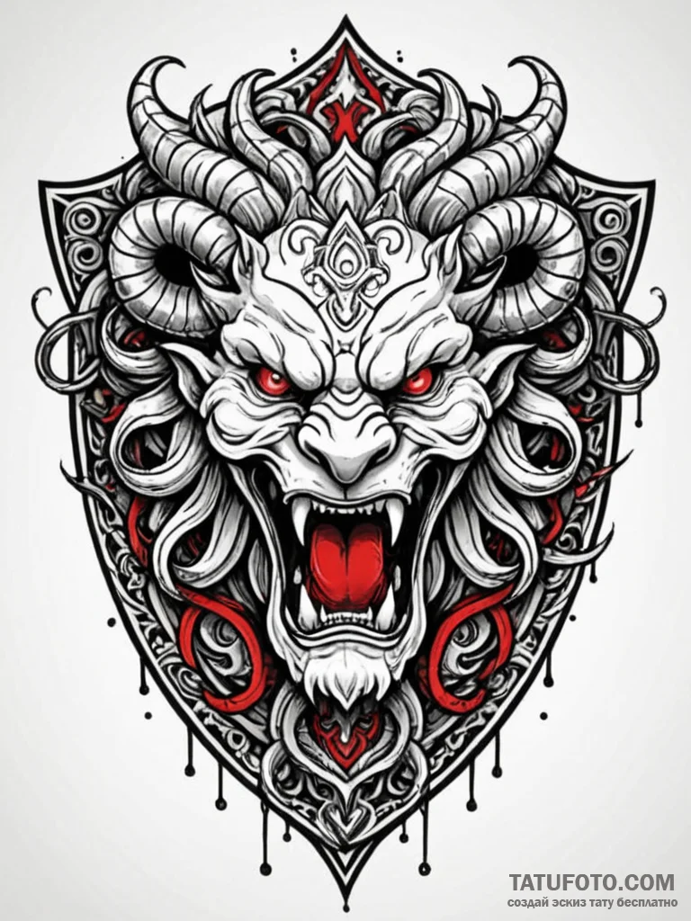 Shield with the face of a roaring gorgon, tat… — эскиз тату (№1751861704_0, 07.07.2025 04:15) — Tatufoto.com