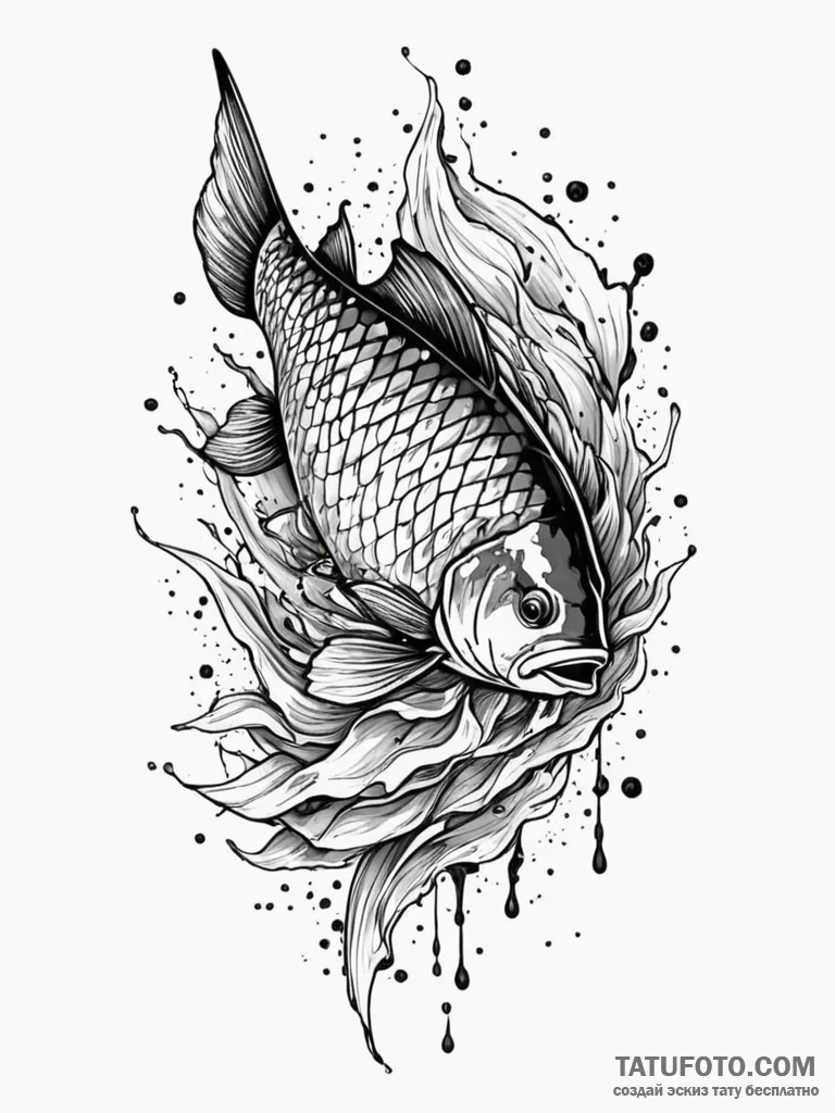 Crucian carp, artistic tattoo sketch, dynamic... - эскиз тату (№1751862213_0, 07.07.2025 04:23) — Tatufoto.com