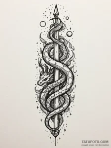 Horned serpent beneath celestial spire, tatto... - эскиз тату (№1751862382_0, 07.07.2025 04:26) — Tatufoto.com