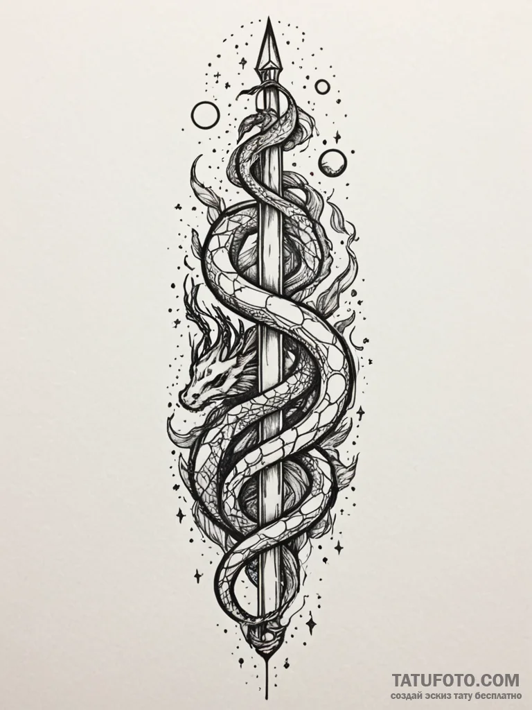 Horned serpent beneath celestial spire, tatto... - эскиз тату (№1751862382_0, 07.07.2025 04:26) — Tatufoto.com
