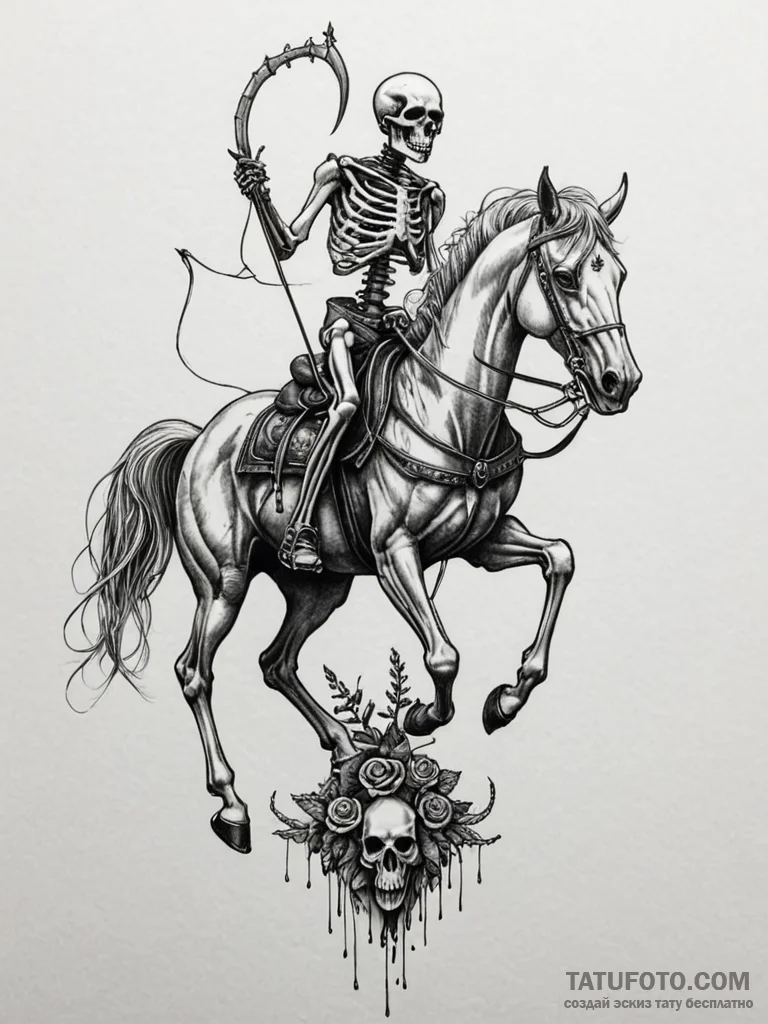 Harbinger of death on a skeletal steed, tatto… — эскиз тату (№1751862641_0, 07.07.2025 04:30) — Tatufoto.com