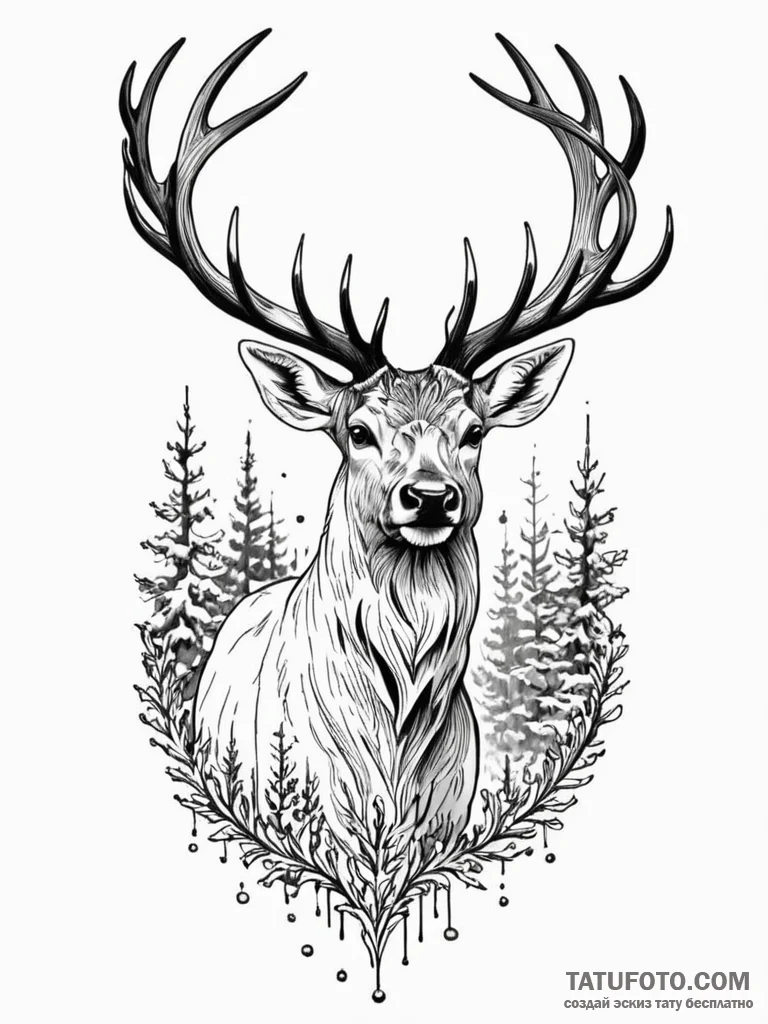 Aurora stag standing in snow, ink illustratio… — эскиз тату (№1751862726_0, 07.07.2025 04:32) — Tatufoto.com