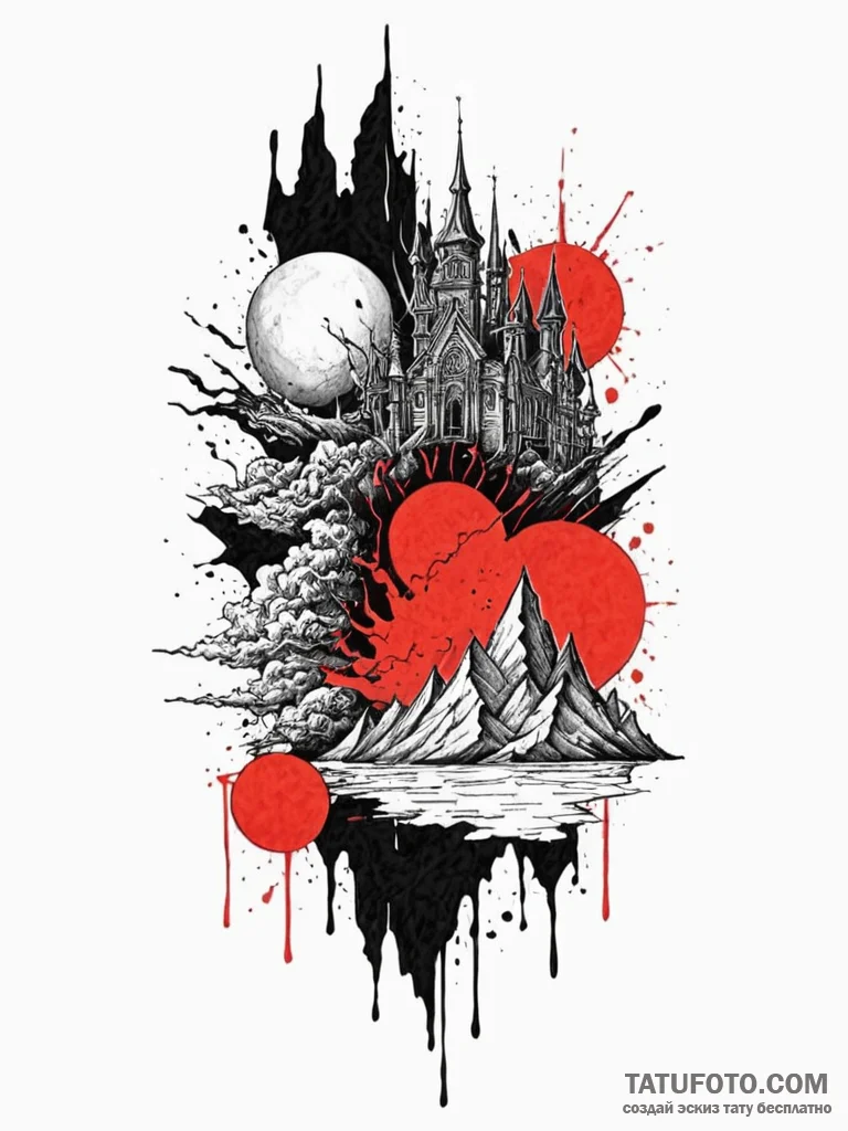 Jagged relic beneath spectral storm, ink illu... - эскиз тату (№1751862895_0, 07.07.2025 04:34) — Tatufoto.com
