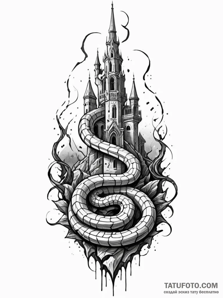 Graven serpent through shattered spire, ink i... - эскиз тату (№1751862980_0, 07.07.2025 04:36) — Tatufoto.com